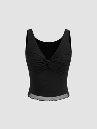 Mesh V-neck Solid Twist Tank Top