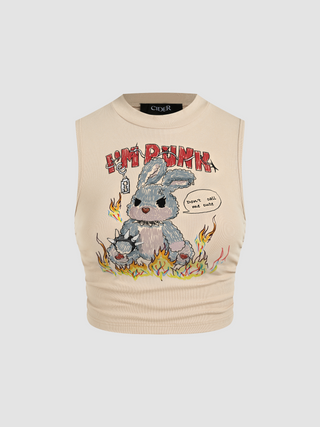 I'm Punk & Rabbit Graphic Ruched Crop Tank Top