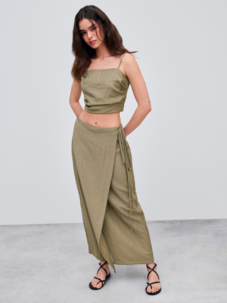 Linen-blend Mid Rise Solid Wrap Maxi Skirt