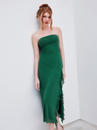 Mesh Strapless Solid Ruffle Split Maxi Dress