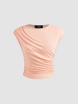 Round Neck Solid Ruched Short Sleeve Tee