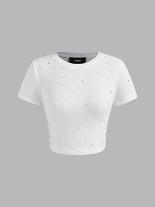 Round Neckline Rhinestone Solid Short Sleeve Tee