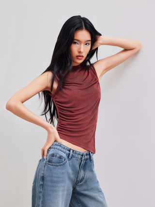 Round Neck Solid Asymmetrical Hem Ruched Tank Top