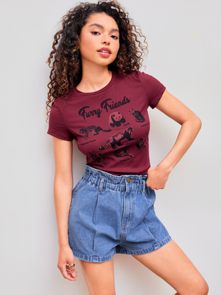Round Neck Funny Friends Animal Graphic Crop Short Sleeve Tee