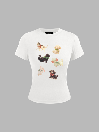 Round Neck Puppy Graphic Short Sleeve Tee