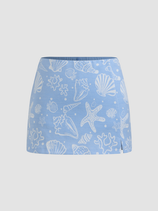 Mid Rise Shell Graphic Split Mini Skirt