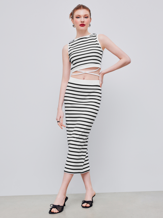 Round Neck Striped Knotted Crop Tank Top & Mid Rise Maxi Skirt