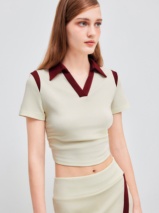 Polo Solid Contrasting Binding Ruched Short Sleeve Top