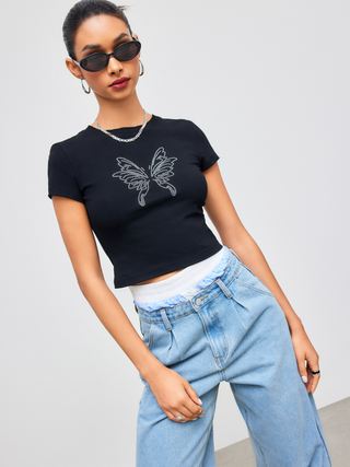 Round Neck Butterfly Rhinestone Crop Short Sleeve Tee