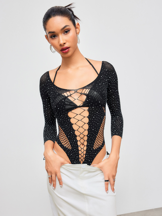Mesh Solid Hollow Out Rhinestone Bodysuit