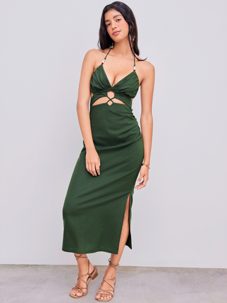 Linen-blend Halter Solid Cut Out Split Backless Midi Dress