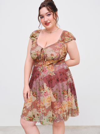 Mesh V-neck Floral Patchy Ruffle Hem Mini Dress Curve & Plus