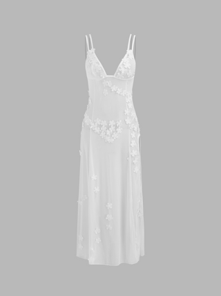 Mesh V-neck See-Through Solid Floral Embroidery Split Maxi Dress