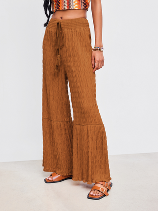 Mid Rise Solid Texture Wide Leg Trousers
