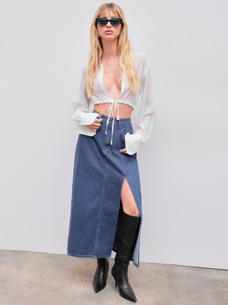 Polo Solid Knotted Long Sleeve Crop Blouse