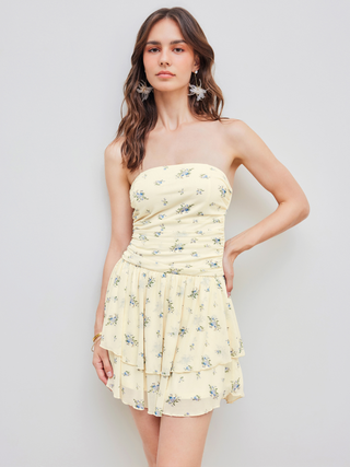 Mesh Strapless Floral Ruffle Mini Dress
