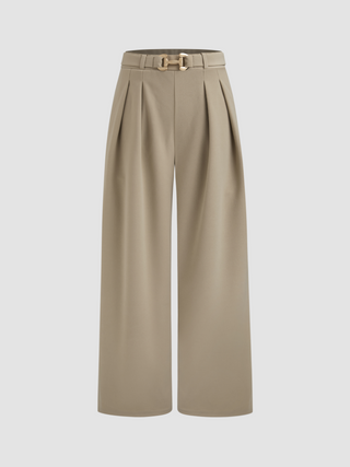 Mid Rise Solid Pleated Wide Leg Trousers With Belt