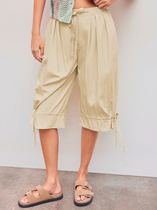 Mid Rise Solid Drawstring Capris Trousers