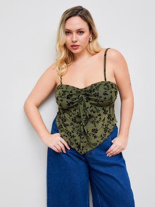 Mesh Sweetheart Floral Lettuce Trim Knotted Cami Top Curve & Plus