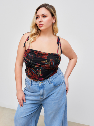Mesh Square Neck Floral Lettuce Trim Ruched Knotted Crop Top Curve & Plus
