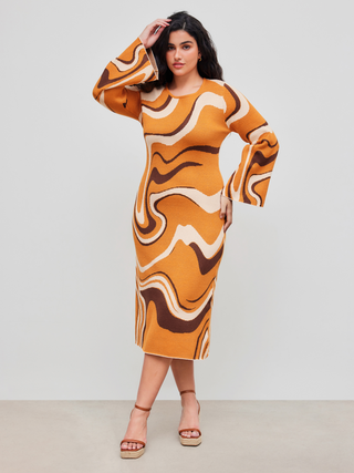 Round Neck Abstract Stripe Bell Sleeve Knitted Dress Curve & Plus