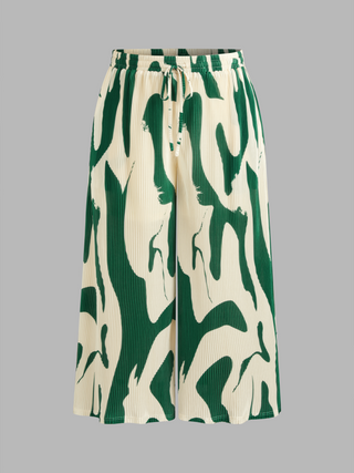 Mid Rise Abstract Elastic Waist Knotted Pocket Wide Leg Trousers Curve & Plus
