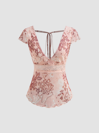Mesh V-neck Floral Lace Lettuce Trim Backless Knotted Short Sleeve Top