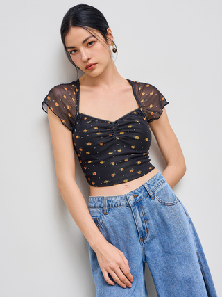 Mesh Sweetheart Neckline Floral Short Sleeve Crop Top