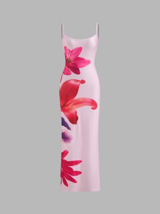 Jersey Scoop Neckline Floral Split Maxi Dress