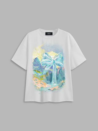 Jersey Round Neckline Abstract Bowknot Graphic Oversized Tee