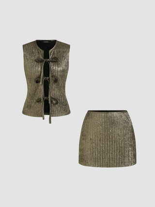 Metallic Round Neckline Solid Tie Front Tank Top & Low Rise Mini Skirt Set