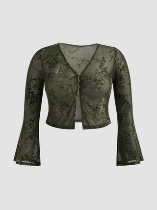 Mesh V-neck Floral Button Long Sleeve Blouse Curve & Plus