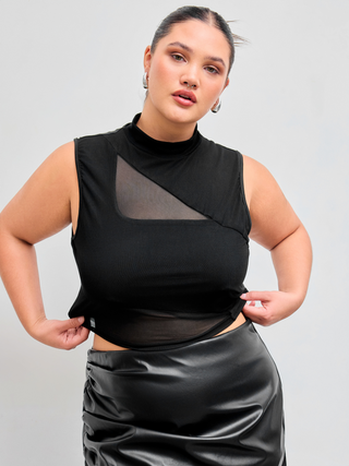Mesh Stand Collar Cut Out Crop Tank Top Curve & Plus