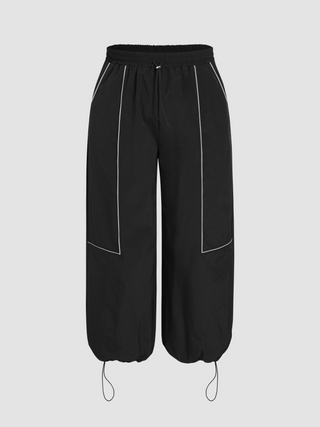 Mid Waist Contrast Stitching Solid Drawcord Trousers Curve & Plus