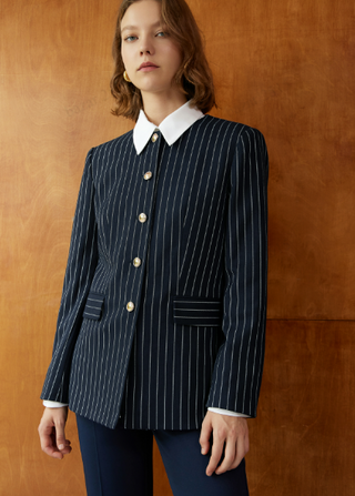 Round Neck Striped Pocket Button Blazer