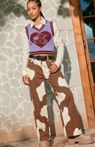 Middle Waist  All Over Print Button Wide Leg Jeans