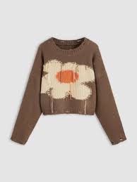 Knit Round Neck Flower Pattern Ripped Long Sleeve Top
