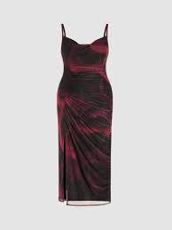 Mesh Cowl Neck Ruched Split Midi Dress  Curve & Plus