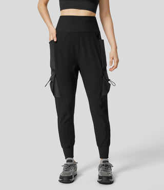 Ribbed High Waisted Drawcord Pocket Hiking Cargo Joggers