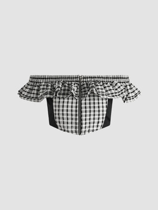 Shoulder Off Checkered Crop Top