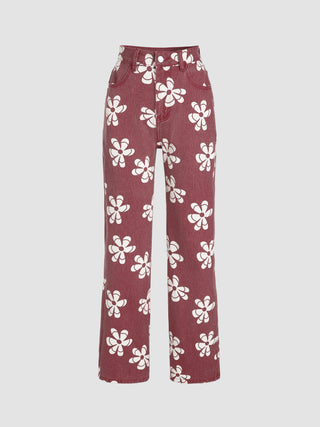 High Rise Floral Wide Straight Jeans