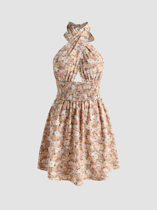 Floral All Over Print Halter Mini Dress