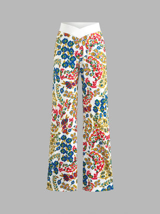 Floral Pattern Rib Straight Leg Trousers