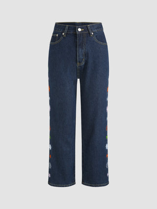 Side Floral Embroidery Jeans