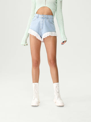 Floral Trim Patchy Denim Shorts