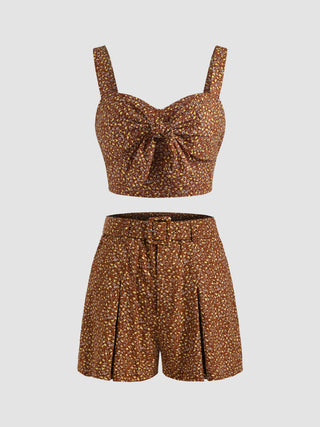 Floral Pattern Front-Bow Top & Shorts Set
