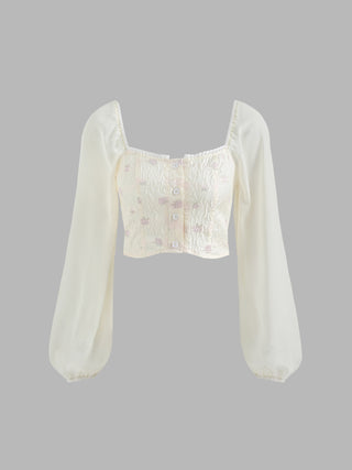 Floral Lace Lantern Sleeve Crop Blouse
