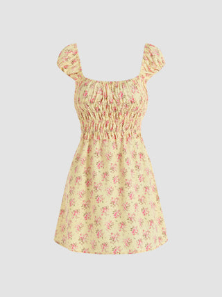 Shirred Floral Mini Dress