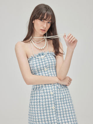 Plaid Button-Up Raw Trim Tweed Dress