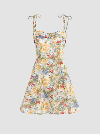 Floral Tie Shoulder Shirred Mini Dress